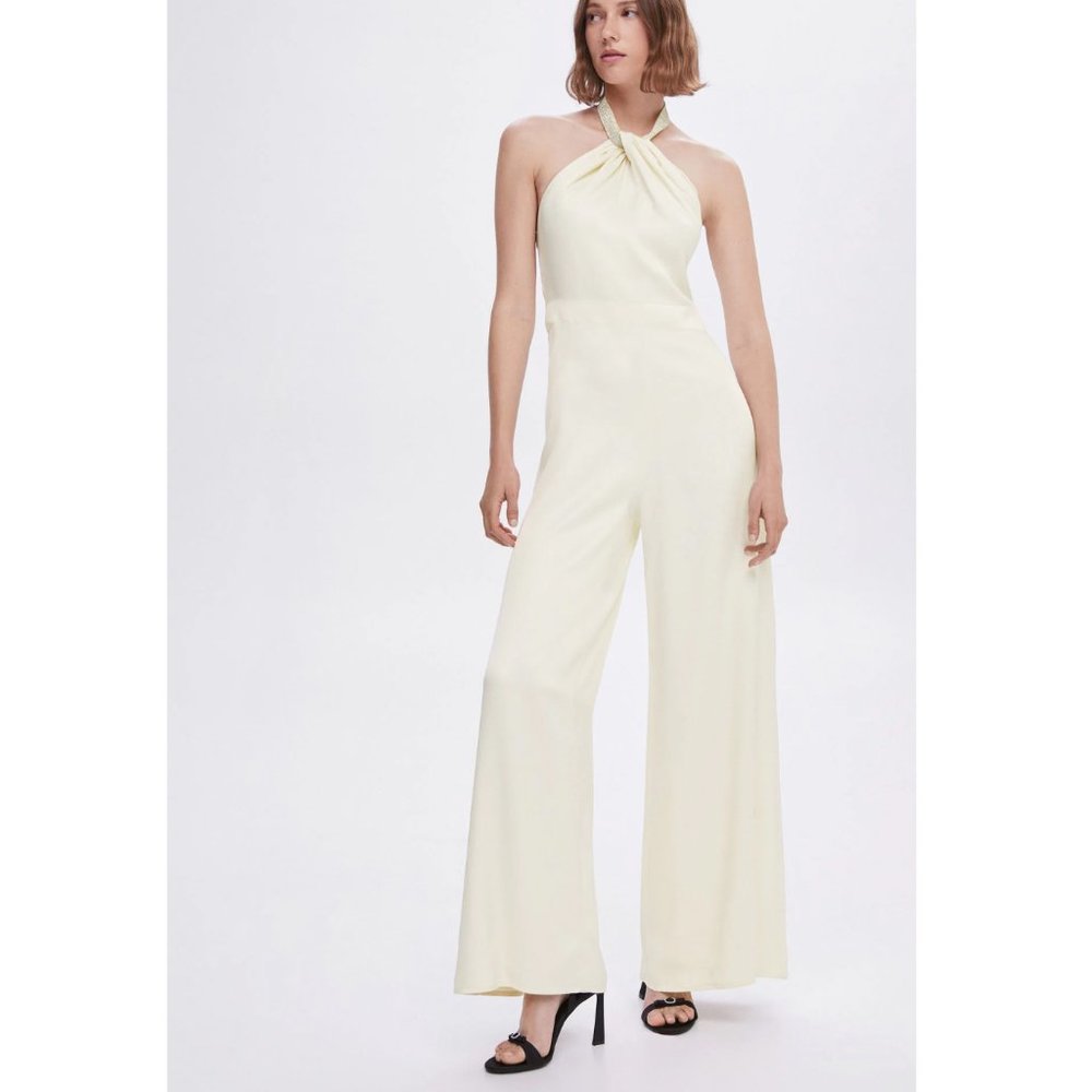 Halter-neck jumpsuit with metallic detail